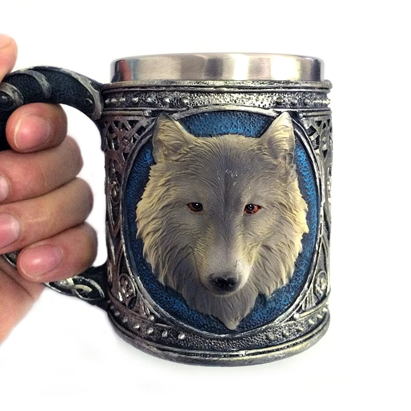 

3D Wolf Mug Cartoon Animal Lone Wolf King Drinking Cup Retro Resin Stainless Mug Coffee Beer Tea Lining Steel Gift