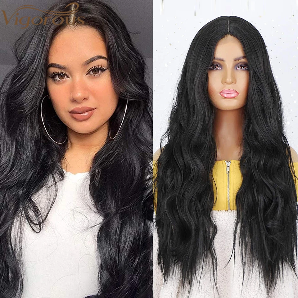 

Vigorous Long Black Wavy Wig Synthetic Middle Part Natural Looking Wig For Women Heat Resistant Fiber Wigs For Daily Use