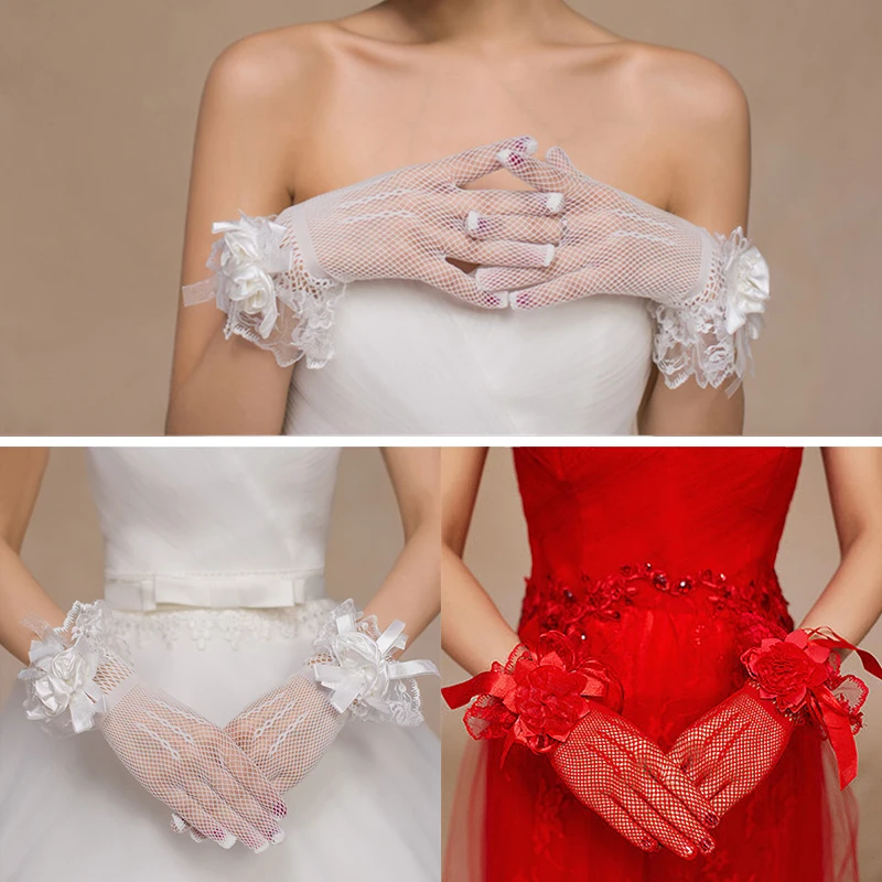 

New 1 Pair Summer Women Short Tulle Gloves Stretchy Wedding Lace Mesh Flower Flexible Accessories Full Finger Bridal Gloves