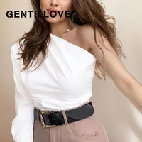 gentillove sexy one shoulder long sleeve chic white blouses elegant single breasted shirts office lady casual tops korean tunic