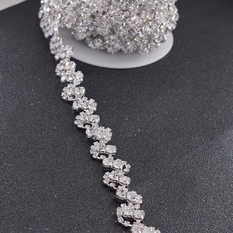 

10yards/lot 1.3cm width wedding dress belt sash appliques crystal rhinestone glass trimming women garment sewing silver chain