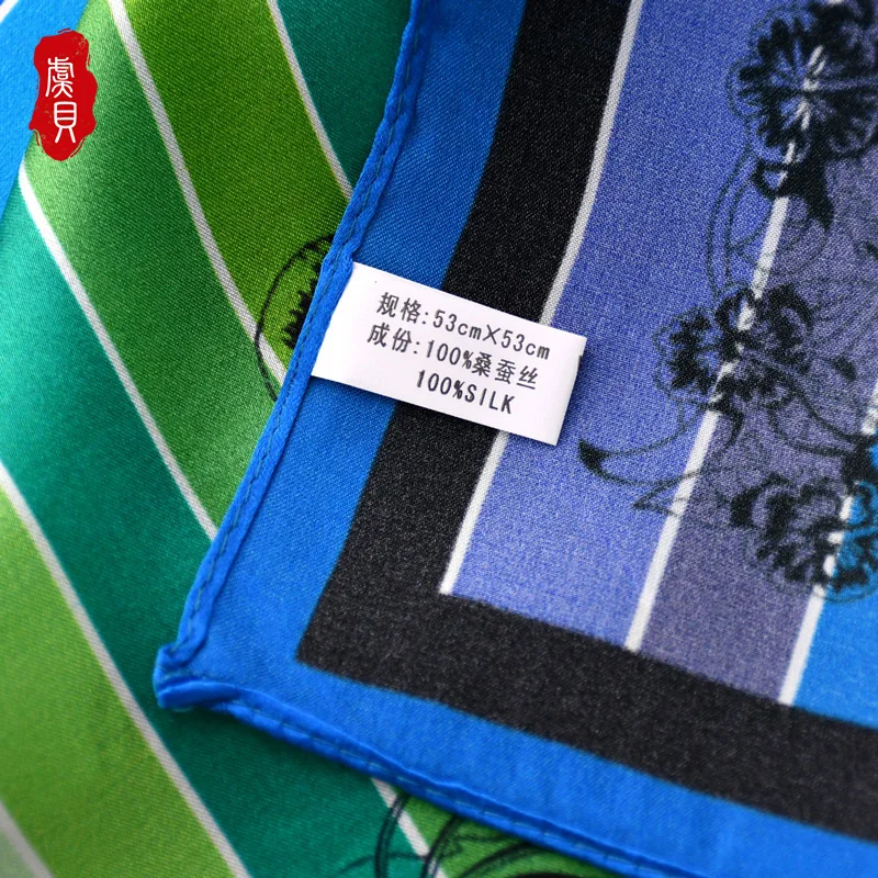 

Blue green striped natural silk scarf women high quality 50cm small square scarves hair band lively bandana shawl gift for girls