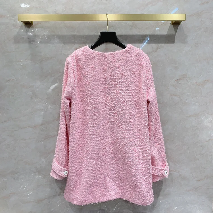 

Coat Luxury Pink Women 2021 Early Spring New Sweet Tweed Jacket Long-sleeved V-neck Loose Concealed Silk Lining Cardigan Jackets