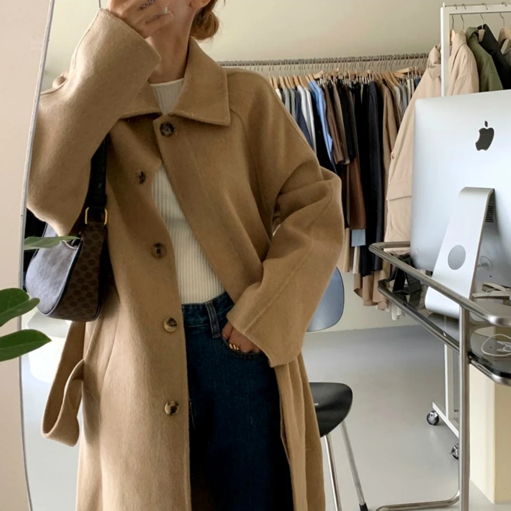 

Women Winter Brief Long Wool Coat Jacket With Belt Turn-down Collar Coverd Button Woolen Overcoat Outerwear Cardigan