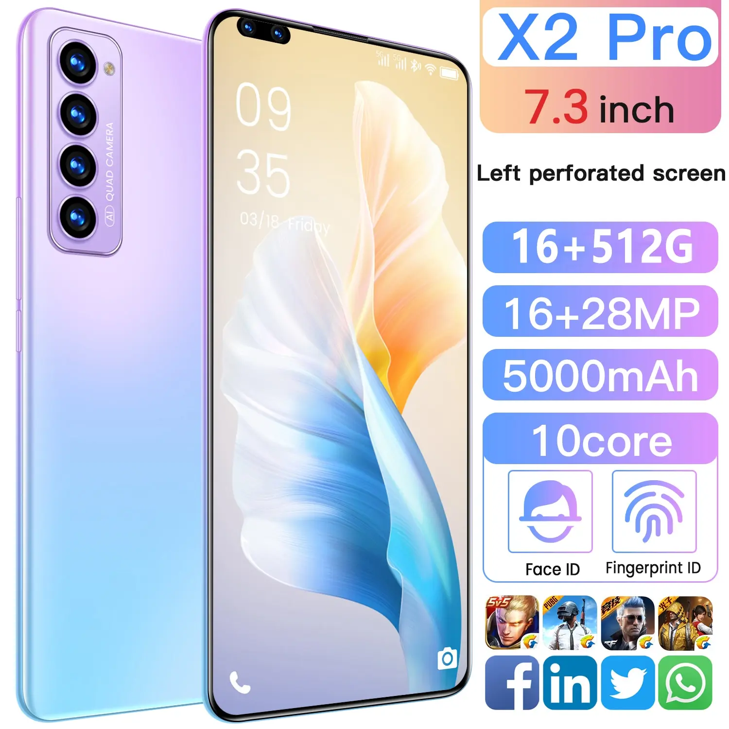 

2021 New Smartphone X2 PRO Global Unlocked Android 10.0 Smart Phone 7.3" Full HD 512GB 5000mAh Mobile Phone Fingerprint 5G Phone