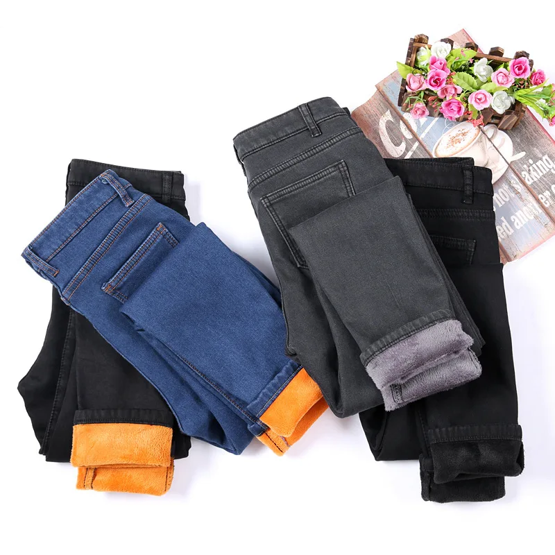 

Winter Fleece Velvet Pencil Jeans For Women Casual Pants High Elastic Waist Gold Fleeces Inside Warm Pants