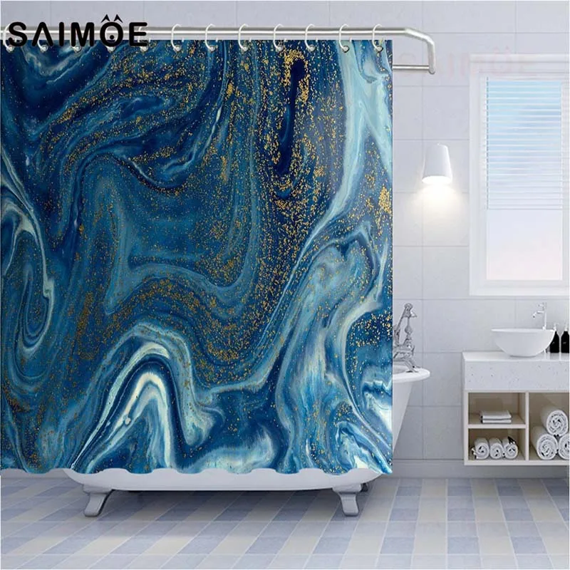 SAIMOE Marble Texture Shower Curtains Liquid Golden Bathroom Curtain Blue Stone Abstract Art Home Decor | Дом и сад