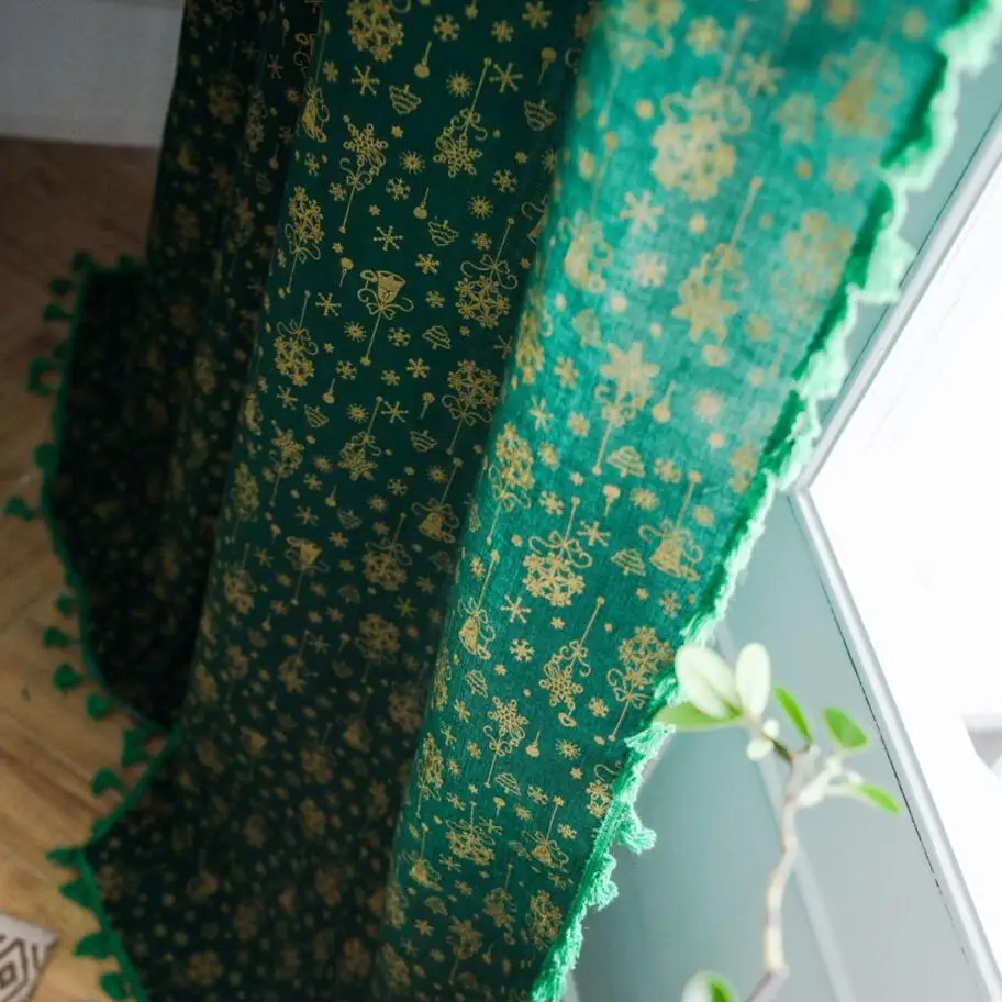Зеленая занавеска для гостиной Золотой Рождественский Колокольчик окна спальни