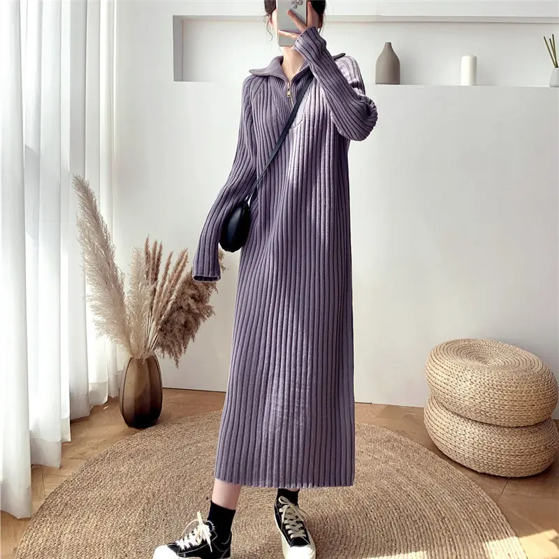 Women 2021 Autumn Winter Stand Collar Knitted Dress Female Long Sleeve Casual Dress Ladies Loose Sweater Dresses Vestidos C497
