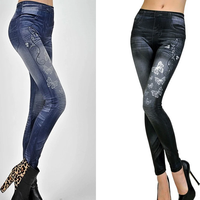 Женские леггинсы с принтом бабочки черные синие сексуальные высокой талией