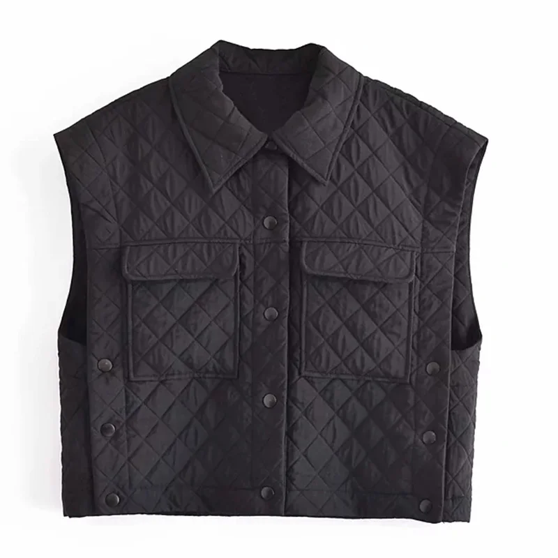 

2022 Autumn Winter Sleeveless Quilted Padded Jacket Vest Pockets Front Covered Buttons Loose Women Casual Gilet