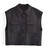 2022 autumn winter sleeveless quilted padded jacket vest pockets front covered buttons loose women casual gilet