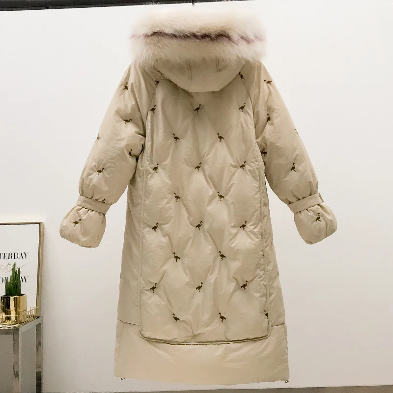 Длинное зимнее женское пуховое пальто утолщенное женское пуховое пальто с капюшоном с меховым воротником пальто оверсайз длинное женское
