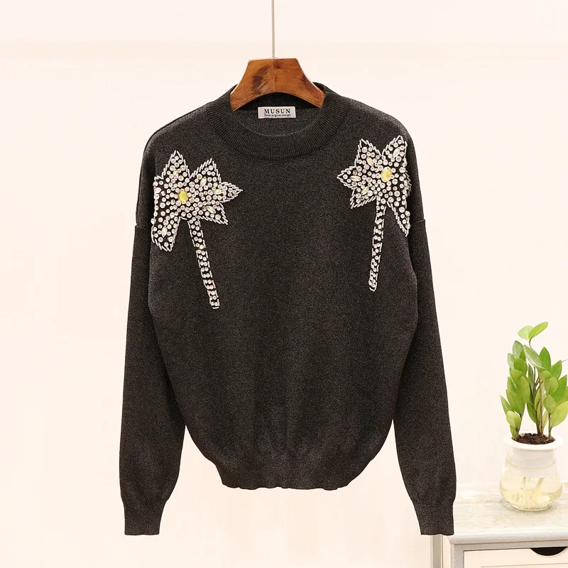 Женский спортивный костюм вязаный свитер со стразами и рукавами длинные брюки