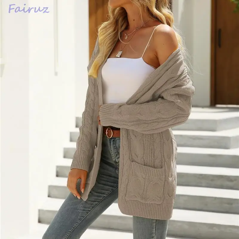 

2021 Knitting Cardigan Sweater Autumn Winter New Solid Color Women's Wear Casual Jacket Solid Color Twist Button with Pocket