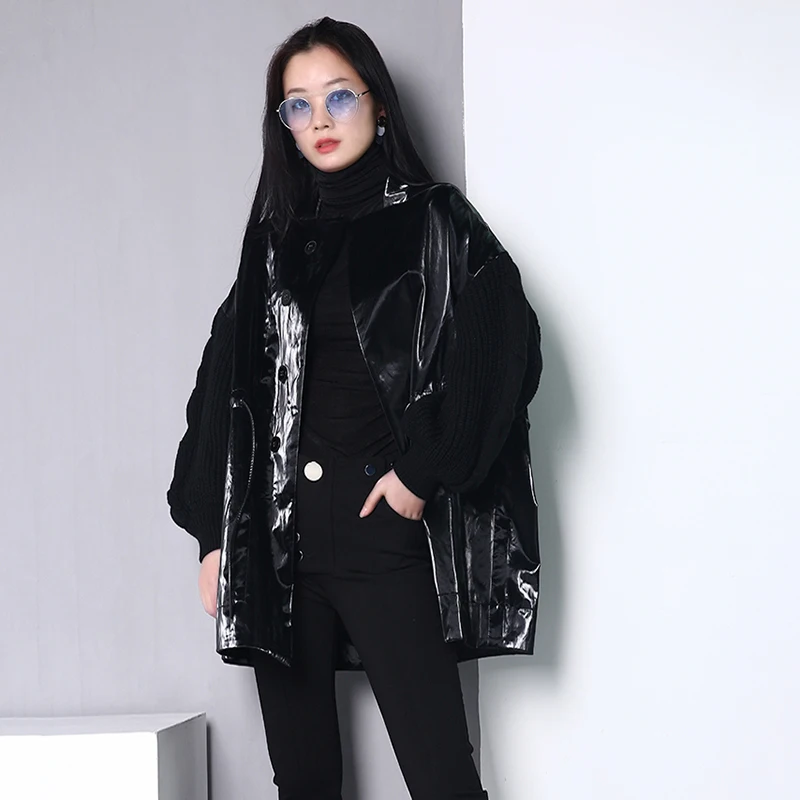 

patchwork knits lantern sleeves drawstring clothes arge size oversize PU leather jackets for women autumn new