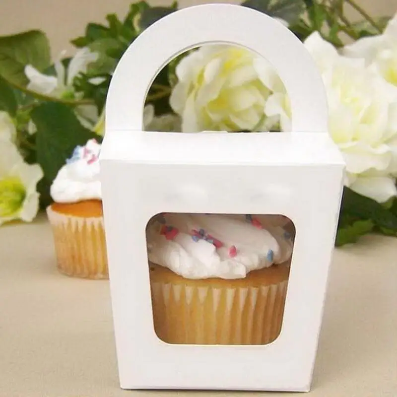 

Free shipping Simple Cupcake box With Handle single cupcake boxes pudding case with lining LX8457
