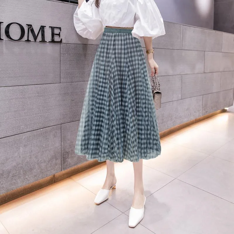 

2021 Women Plaid Printing Tulle Skirt Summer Adults Casual Mesh Flowy A-Line Elastic High Waist Midi Skirt