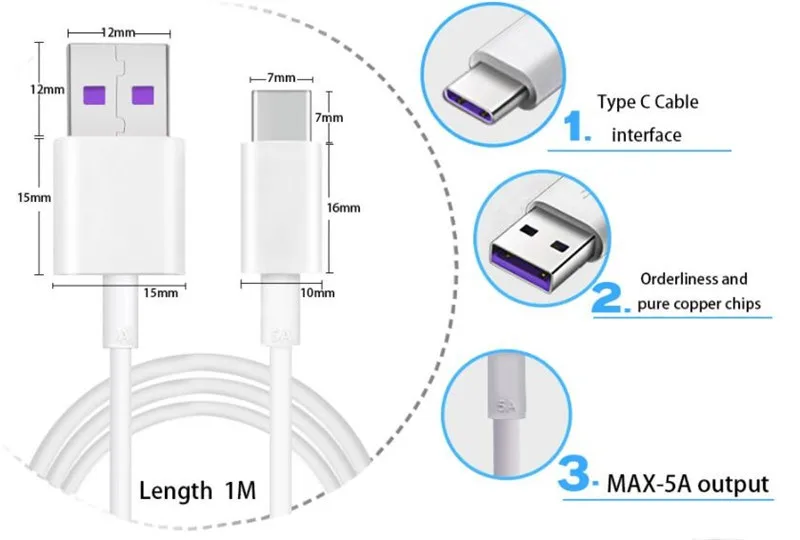 20 шт./Лот USB 5A Type C кабель для быстрой зарядки Type-C сверхбыстрое зарядное устройство
