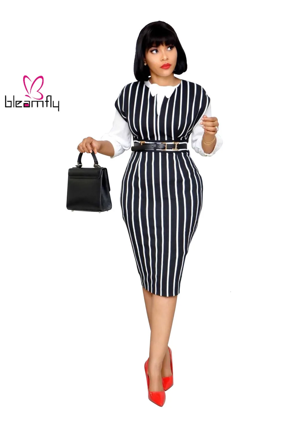 Новинка 2019 женское осеннее платье с коротким рукавом в полоску принтом офисное