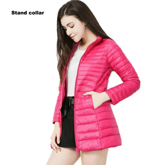 Stand Collar Rose Пуховик для женщин; сезон весна-осень-зима; Теплый белый пуховик на утином пуху; Женская длинная Сверхлегкая куртка с капюшоном; женская куртка; 6XL 7XL - Цвет: Stand Collar Rose