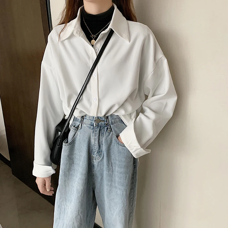 

Solid Women Shirts Summer New 2021 Loose Turn-Down Collar All Match Office Lady Elegant Outwear Tops