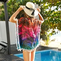 rope tassels sexy beach wear women swimsuit branch translucent colorful printing beach smock summer loose quick drying cover ups