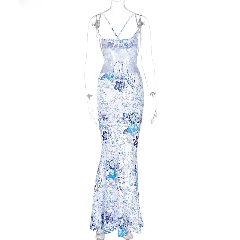

FAKUNTN 2021 Woman 's Dress Sling Retro Print Slit Dress Sexy V-Neck Party Spaghetti Strap Long Dress Fashion Beach Dresses