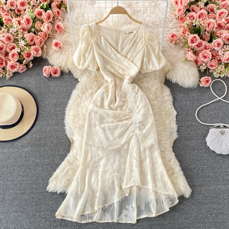 

2021 Summer New Waist Closed Fishtail Dress Girls Super Fairy Bodycon Short Sleeve Dresses Women V-neck Chiffon Dress