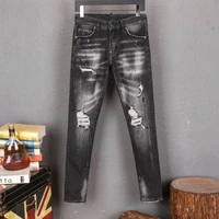 biker jeans men black stretch dsq2 slim fit distressed streetwear printed pattern denim pants casual man trousers hip hop jeans