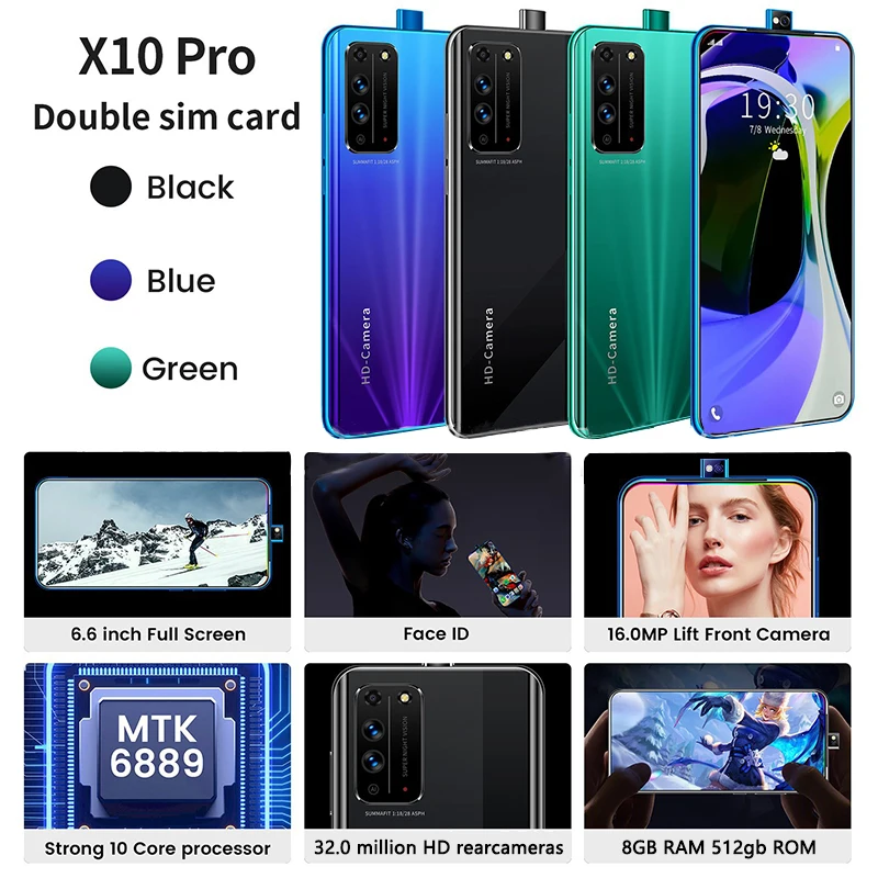 

Global New X10 Pro 6.6 Inch 8 Core 128/256GB Smartphone 16+32MP 5000mAh Mobile Phone Face ID 4G 5G Network Andriod Phone MTK6889