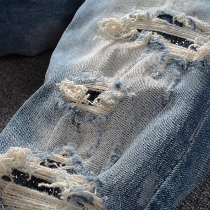 

American Street Fashion Men Jeans High Quality Retro Blue Slim Fit Ripped Jeans Men Painted Designer Hip Hop Denim Punk Pants