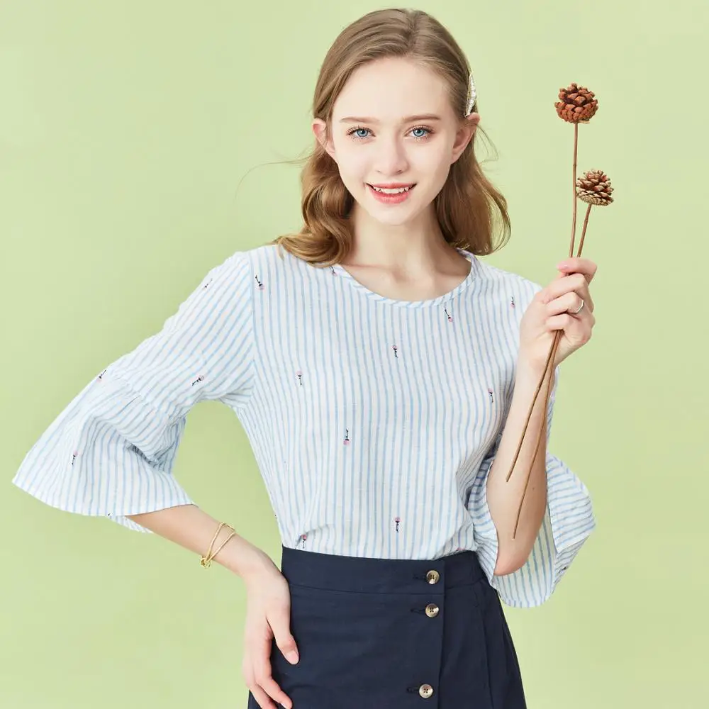 Рубашка Giordano женская с круглым вырезом повседневная сорочка из льна и хлопка