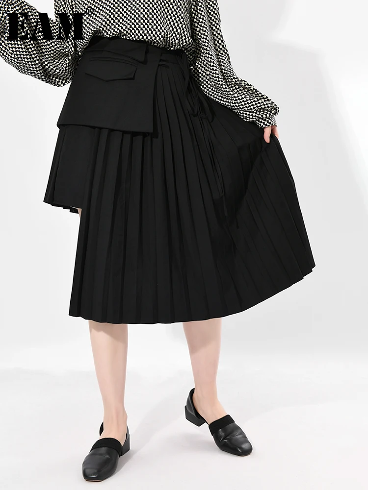 

[EAM] Женская Асимметричная плиссированная юбка с высокой талией, черная облегающая юбка средней длины, модная новинка, весна-осень 2021, 1DD541101