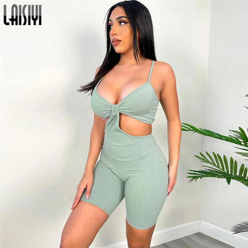 

Casual Rompers Solid Elastic Skinny Women 2021 Sleeveless Backless Active Playsuits Workout Summer Biker Shorts Playsuit
