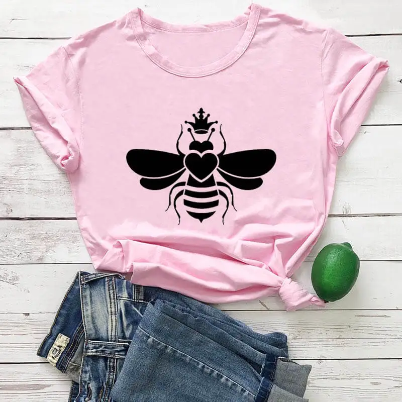 

Queen with Cute Bee Tshirt Women Cotton Funny T Shirt Women Queen Bee Graphic Tee Women Bees Lover Gift T-shirt