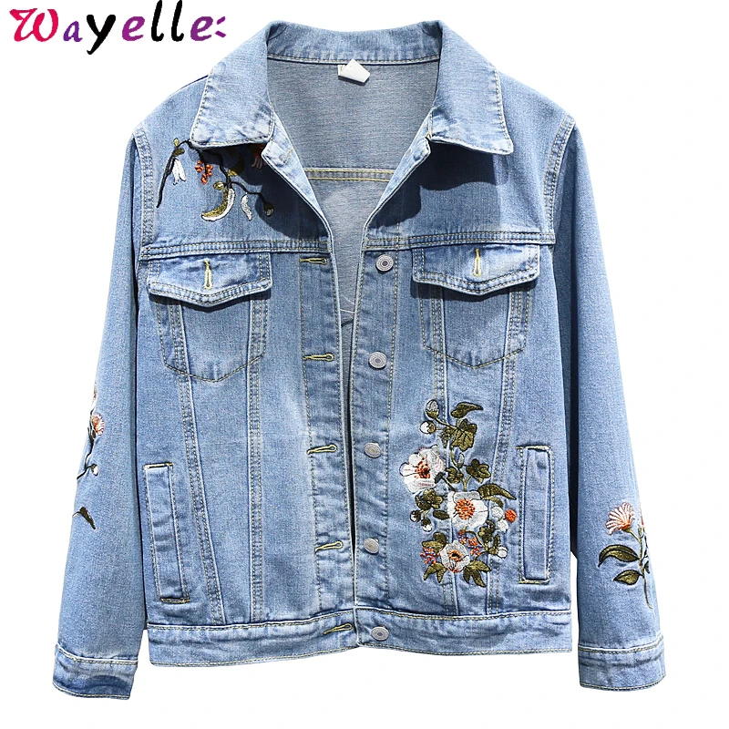 Женская джинсовая куртка пальто Осень зима 2019 вышитый цветок Бомбер бейсбольная
