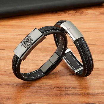 Stainless Steel Men\'s Leather Bracelet - Cross Design 5