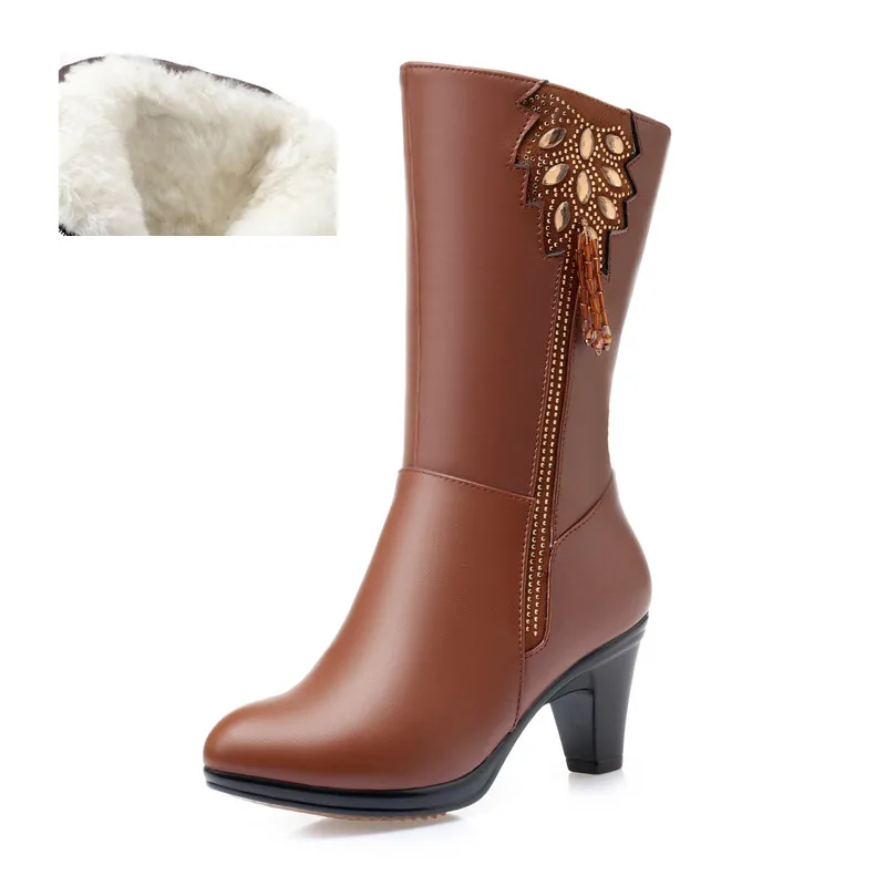 wool brown AIYUQI женские зимние сапоги высокого качества высокие зимние сапоги из коровьей кожи шерстяные теплые женские сапоги с бахромой на высоком каблуке - Цвет: wool brown