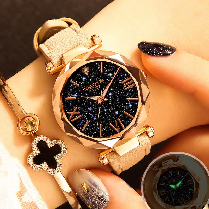 Женские часы роскошные Брендовые Часы с романтическим звездным небом кожаные