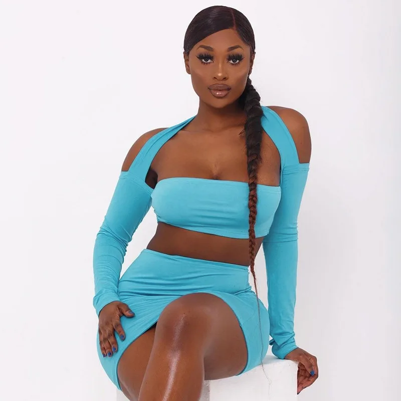 

Ajoc Solid Casual 2 Piece Sets Skinny Summer Mini Skirts+ Top Matching Set Female Suits Hollow Out Sexy Vacation Outifits