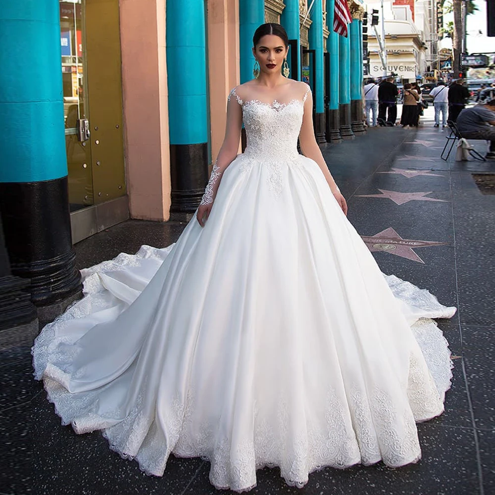 Роскошное Атласное Бальное свадебное платье с длинными рукавами и аппликацией