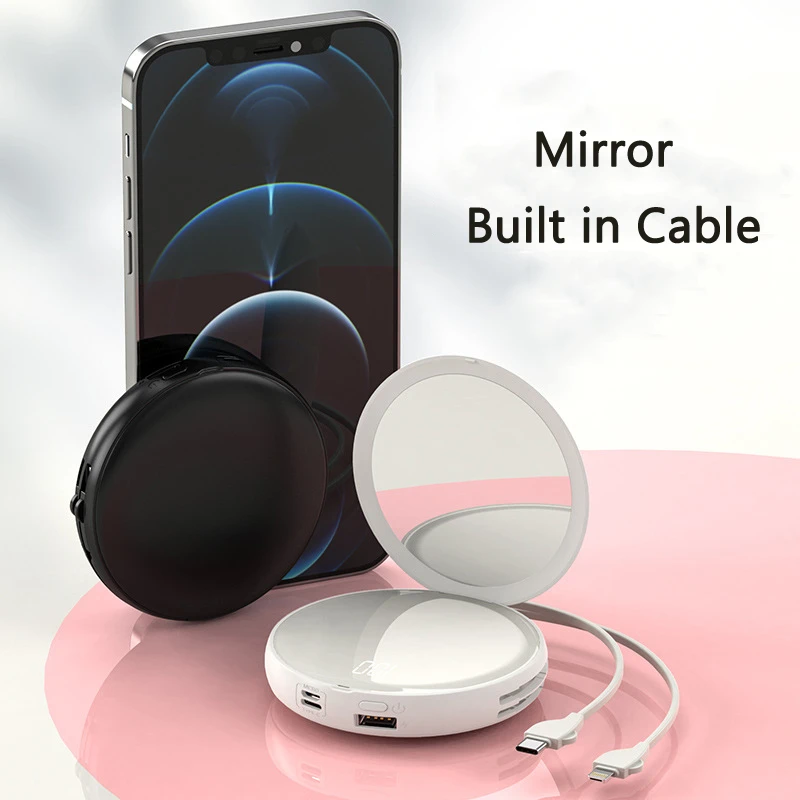 

Mini Power Bank 20000mAh Built in Cable Powerbank 10000mAh Makeup Mirror External Battery For iPhone 12 Samsung Xiaomi Poverbank
