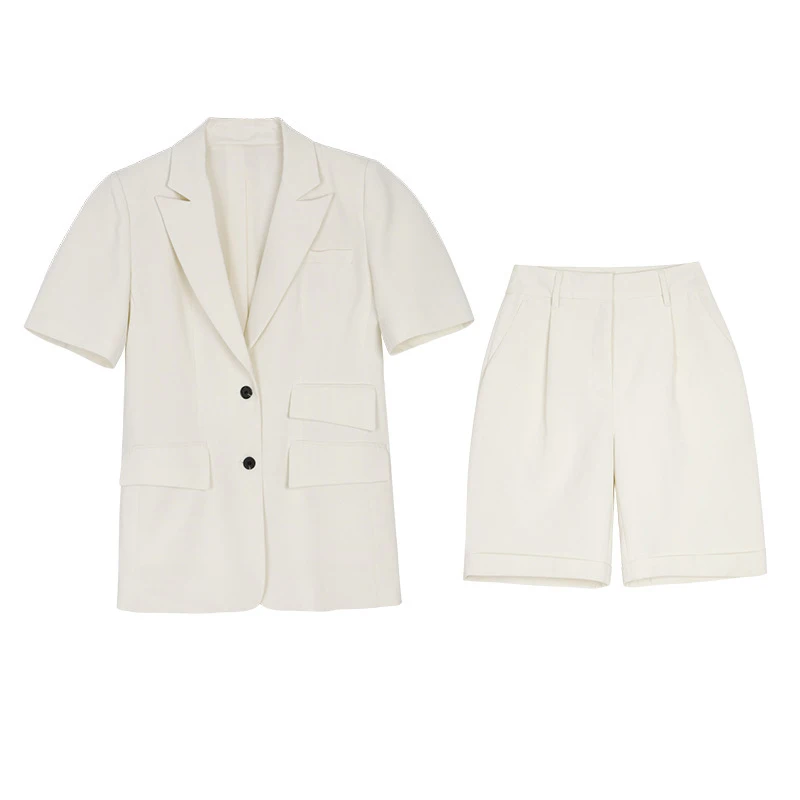 

Casual Two Piece Set For Women Notched Short Sleeve Top High Waist Loose Shorts Solid Sets Female Spring 2021 Style