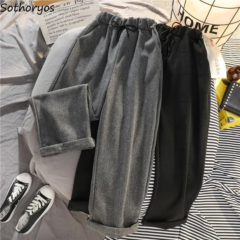 

Casual Pants Women Winter Woolen Chic Fashion Straight Korean Style All-match Solid Ins Loose Students Leisure Daily Vintage New