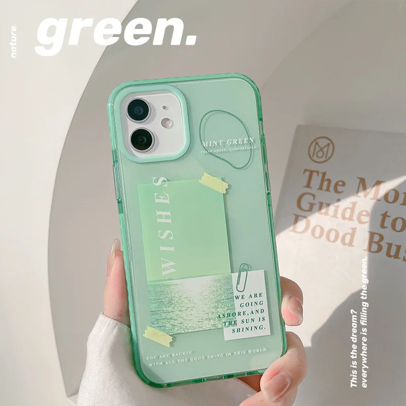 

Art Letter Label Korean Mint Green Phone Case For iPhone 12 11 Pro Max X Xs Max Xr 7 8 Puls SE 2020 Cases Clear Soft TPU Cover