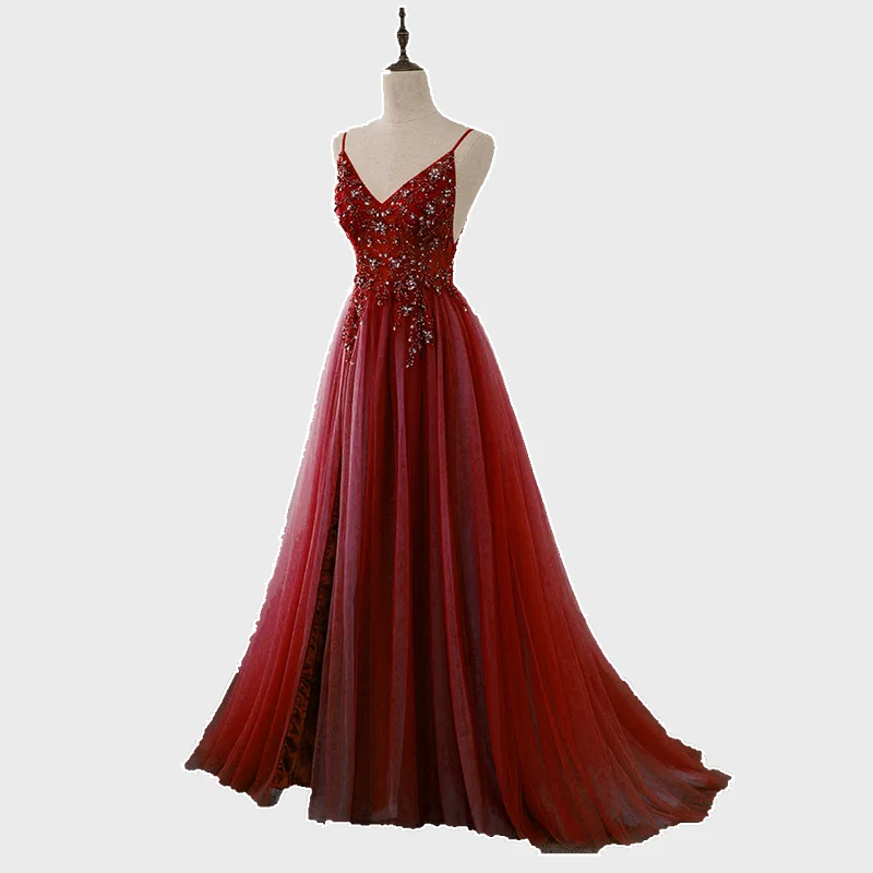 

2020 Latest Sexy Burgundy Slit Long Prom Evening Dresses Straps Tulle Crystals Beaded Backless Party Dress Aline Robe De Soiree