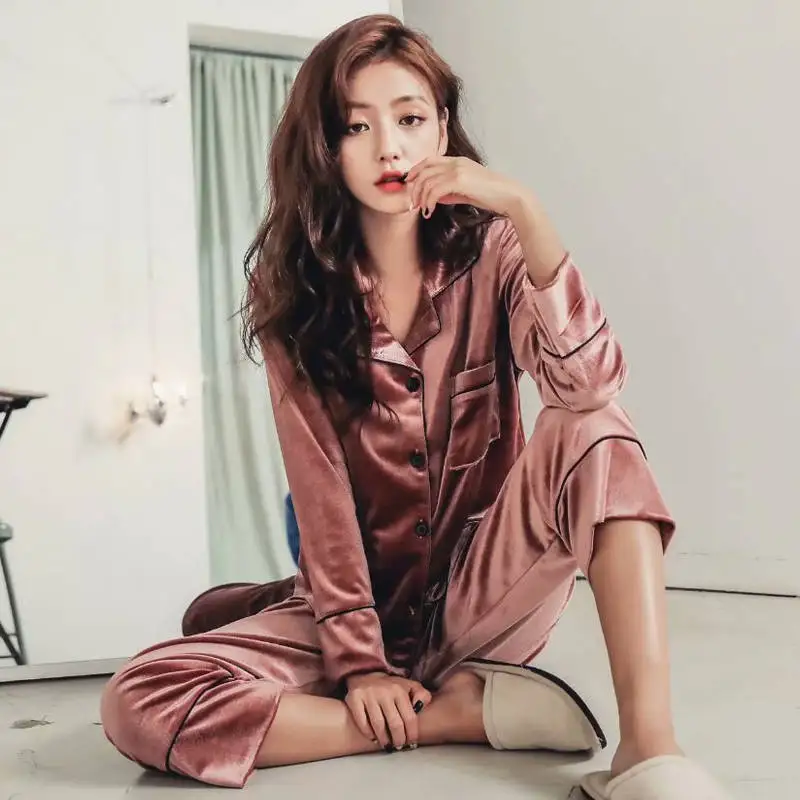 

Plus Size 2 Piece Set Women 5xl Pajamas Winter Women Long Sleeve Pajamas Set Loose Leisure Women Sleepwear Gold Velvet Pyjamas