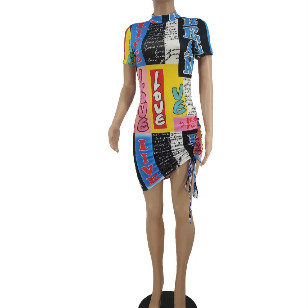 

2021 Summer Ladies Casual Tight-Fitting Short-Sleeved Pleated Lace Printed Letter Fashion Dress