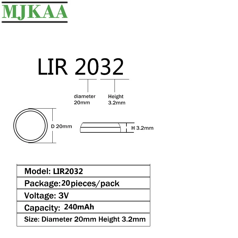 

20PCS LIR2032 3.6V Button Coin Cell Rechargeable Battery Lithium Li-ion LIR 2032 Batteries New Repeatedly Used 500 Times Replace